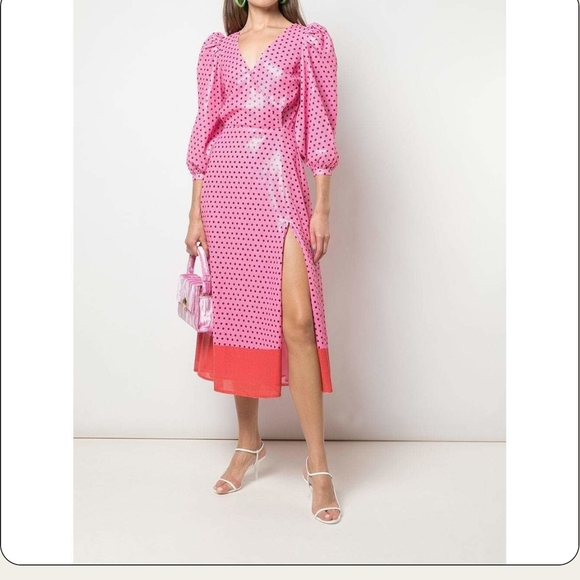 OLIVIA RUBIN Pink and Orange Wrap Midi Dress with Puff Sleeves